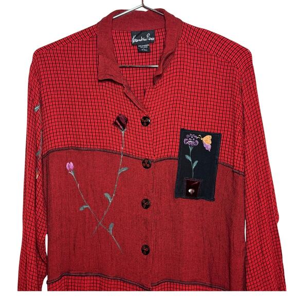 1990's Alexandria Pierce Size Large Patchwork Embroidered Hand Painted Blouse - Picture 3 of 8